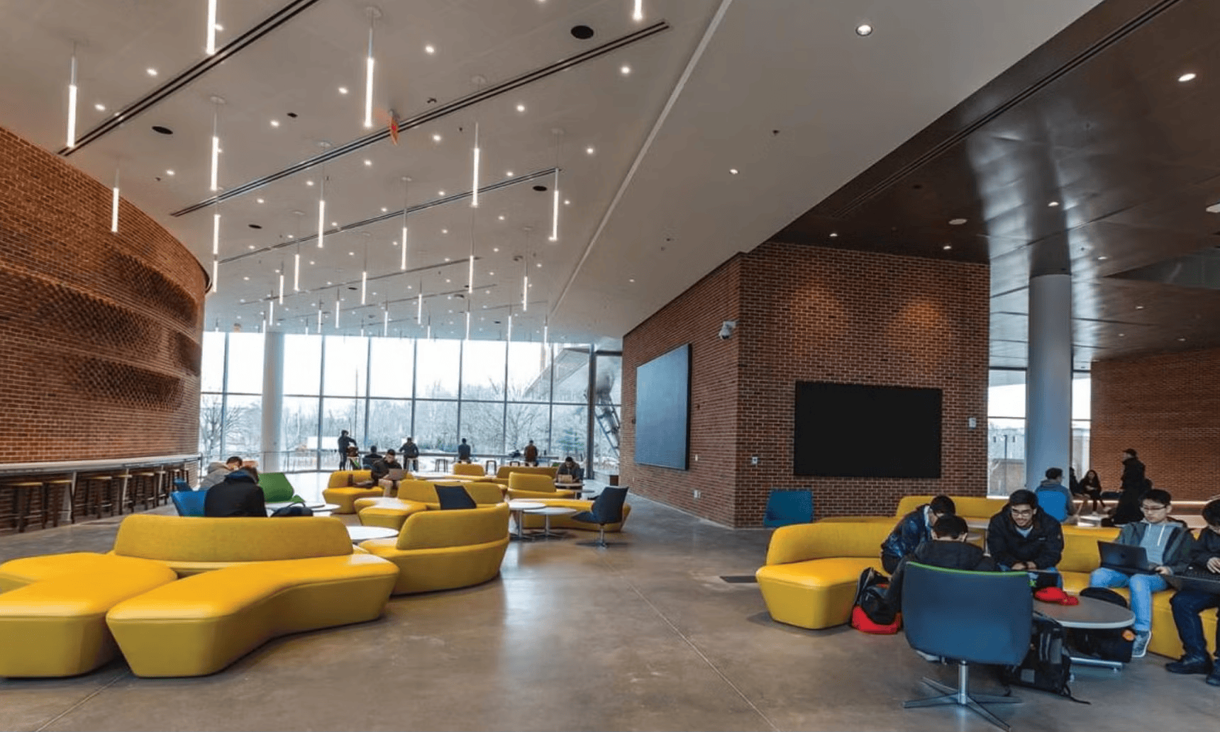 Students in the Iribe lobby. 