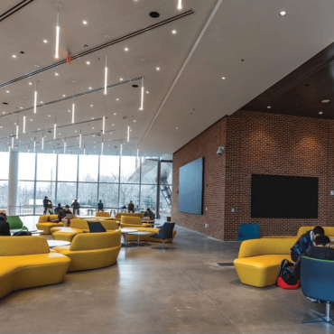 Students in the Iribe lobby. 
