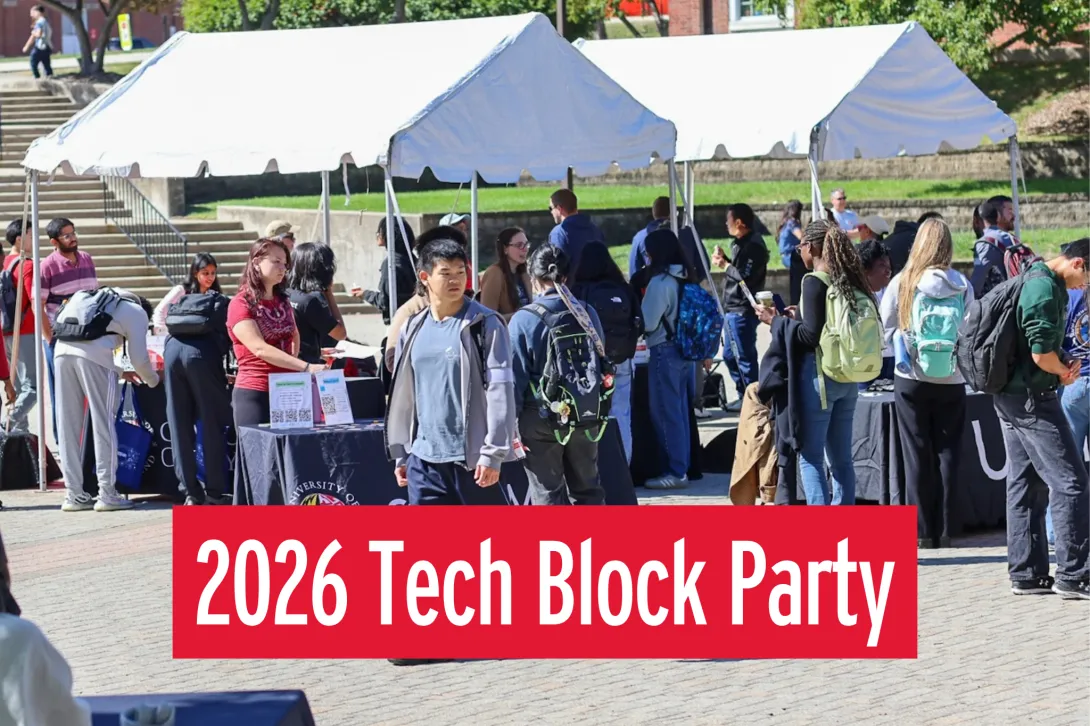 Students gather under tents at the 2026 Tech Block Party at Hornbake Plaza.